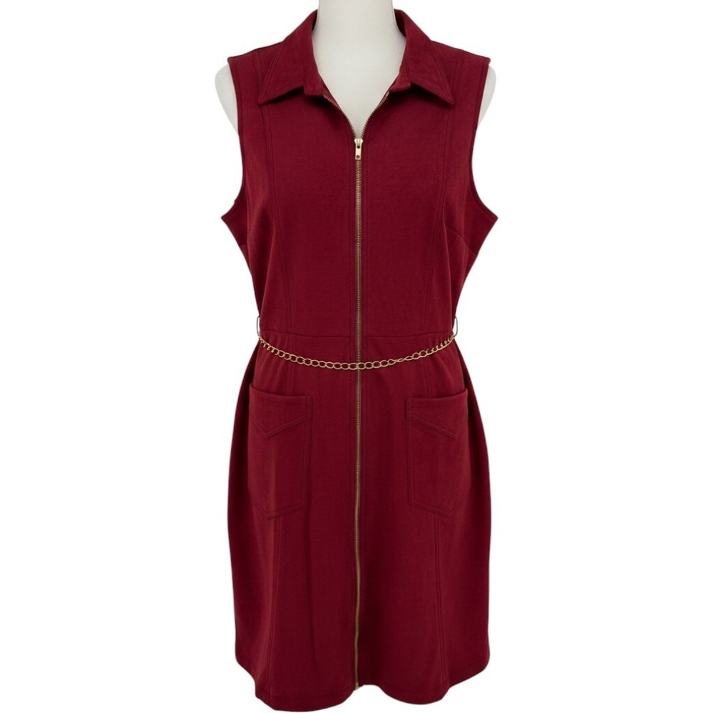 Lesley Evers XL Brick Red Faux Suede Zip Front Sleeveless Dress Gold Chain Belt